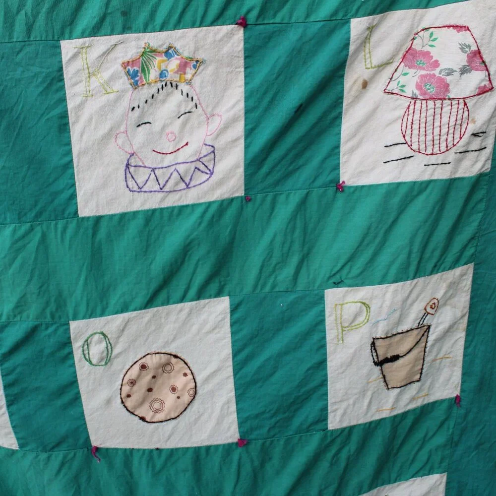 MCM Vintage Patchwork Quilt Farm House Alphabet Sampler Baby Child